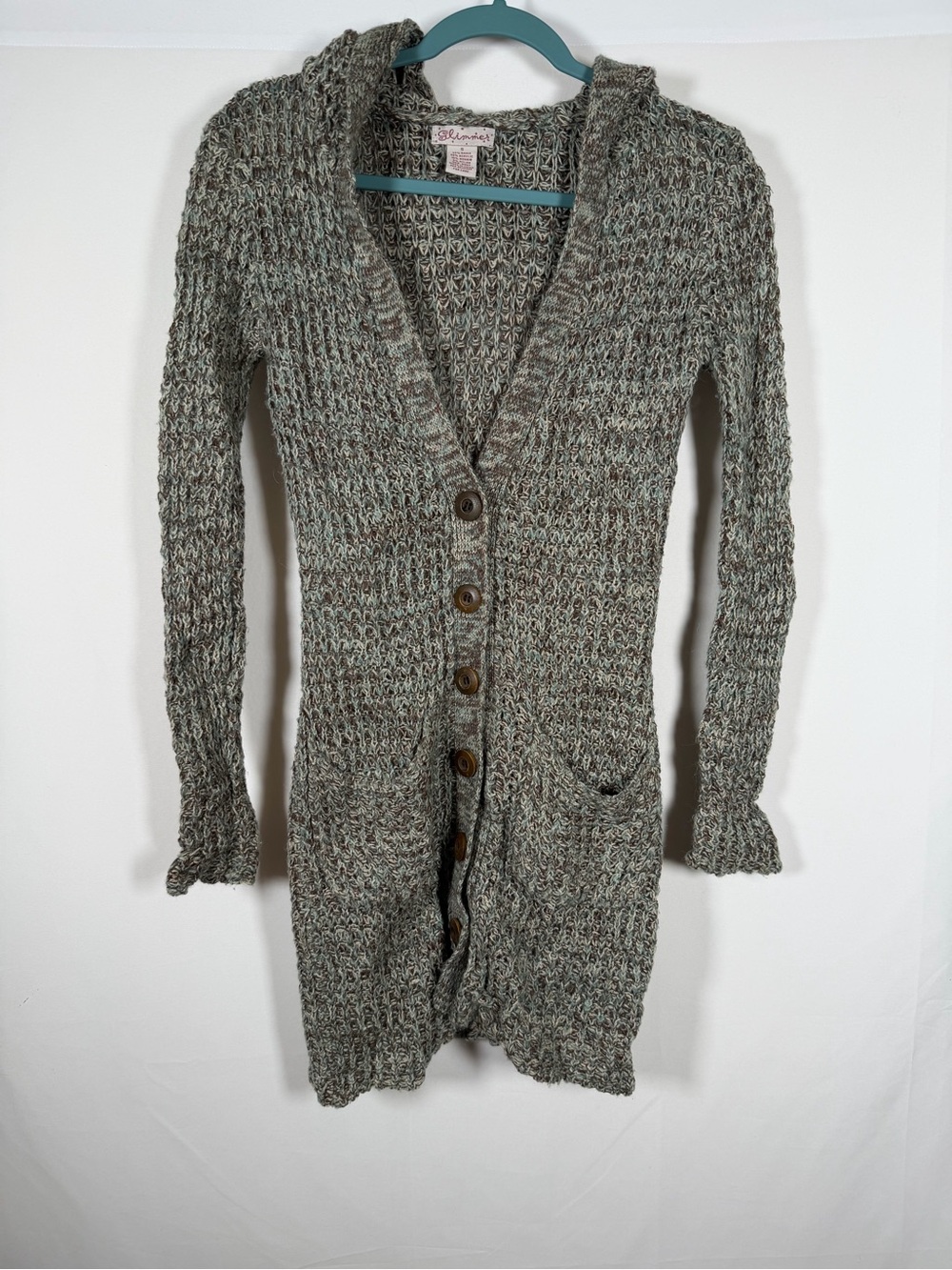 Vintage Y2K Long Hooded Duster Knit Cardigan - Gray Green Fairy Grunge, Boho